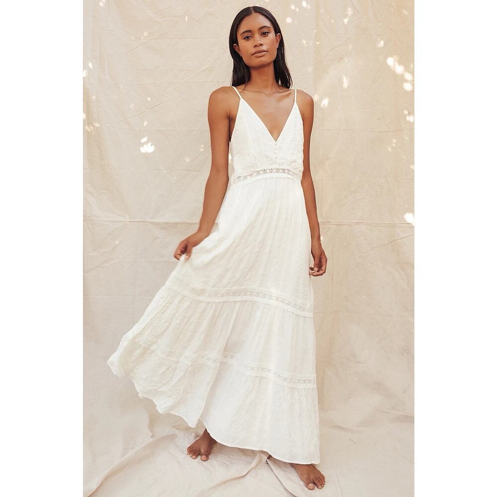NEW Lulus Light Breeze White Striped Crochet Lace Tiered Maxi Dress Size Small - Picture 2 of 14